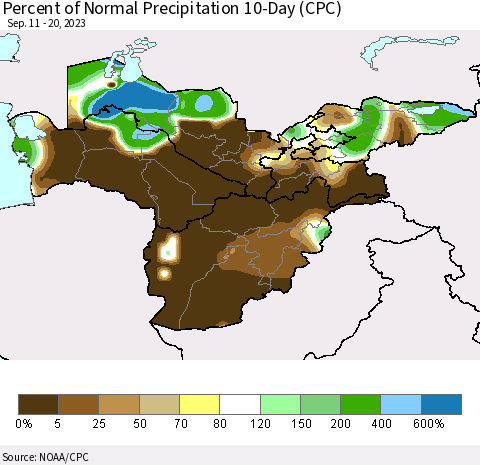 Central Asia Percent of Normal Precipitation 10-Day (CPC) Thematic Map For 9/11/2023 - 9/20/2023