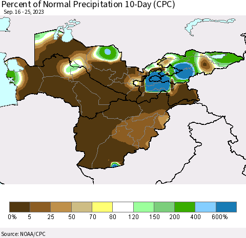 Central Asia Percent of Normal Precipitation 10-Day (CPC) Thematic Map For 9/16/2023 - 9/25/2023
