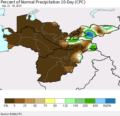 Central Asia Percent of Normal Precipitation 10-Day (CPC) Thematic Map For 9/21/2023 - 9/30/2023