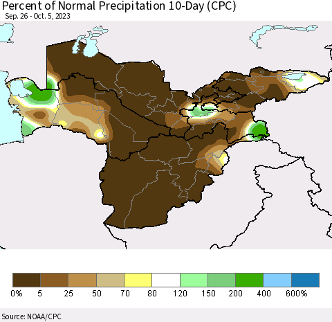Central Asia Percent of Normal Precipitation 10-Day (CPC) Thematic Map For 9/26/2023 - 10/5/2023