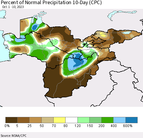 Central Asia Percent of Normal Precipitation 10-Day (CPC) Thematic Map For 10/1/2023 - 10/10/2023