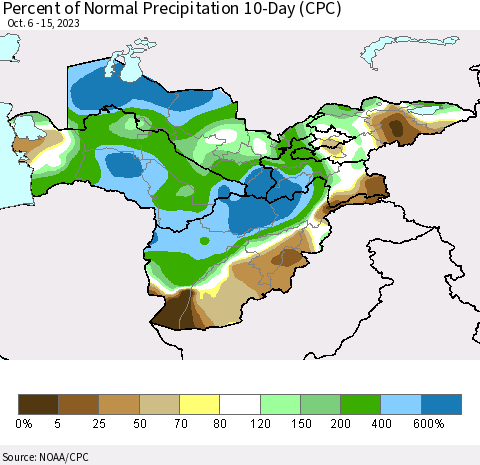 Central Asia Percent of Normal Precipitation 10-Day (CPC) Thematic Map For 10/6/2023 - 10/15/2023