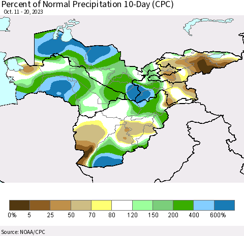 Central Asia Percent of Normal Precipitation 10-Day (CPC) Thematic Map For 10/11/2023 - 10/20/2023