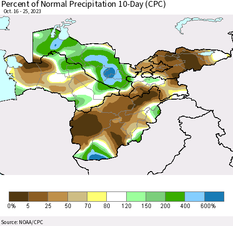 Central Asia Percent of Normal Precipitation 10-Day (CPC) Thematic Map For 10/16/2023 - 10/25/2023