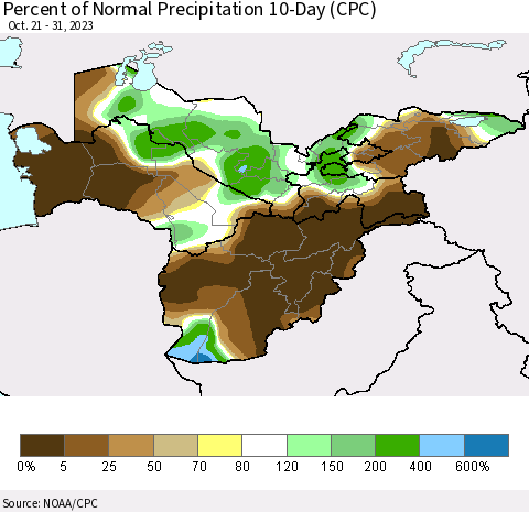 Central Asia Percent of Normal Precipitation 10-Day (CPC) Thematic Map For 10/21/2023 - 10/31/2023