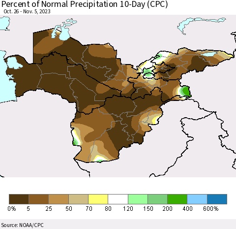 Central Asia Percent of Normal Precipitation 10-Day (CPC) Thematic Map For 10/26/2023 - 11/5/2023