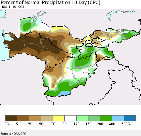 Central Asia Percent of Normal Precipitation 10-Day (CPC) Thematic Map For 11/1/2023 - 11/10/2023