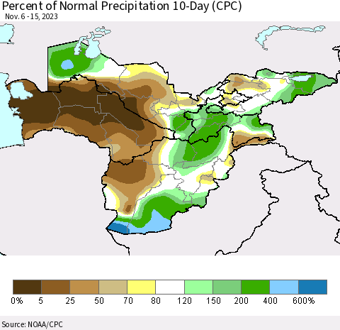 Central Asia Percent of Normal Precipitation 10-Day (CPC) Thematic Map For 11/6/2023 - 11/15/2023