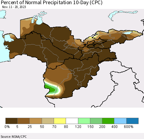 Central Asia Percent of Normal Precipitation 10-Day (CPC) Thematic Map For 11/11/2023 - 11/20/2023