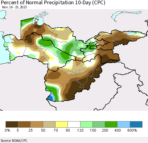 Central Asia Percent of Normal Precipitation 10-Day (CPC) Thematic Map For 11/16/2023 - 11/25/2023