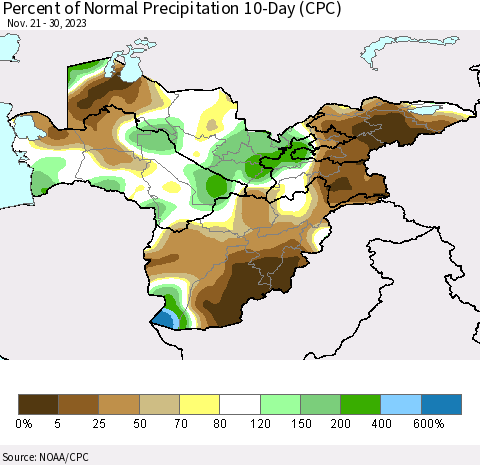 Central Asia Percent of Normal Precipitation 10-Day (CPC) Thematic Map For 11/21/2023 - 11/30/2023