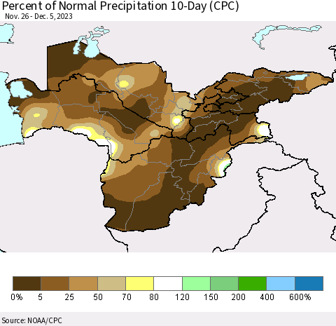 Central Asia Percent of Normal Precipitation 10-Day (CPC) Thematic Map For 11/26/2023 - 12/5/2023