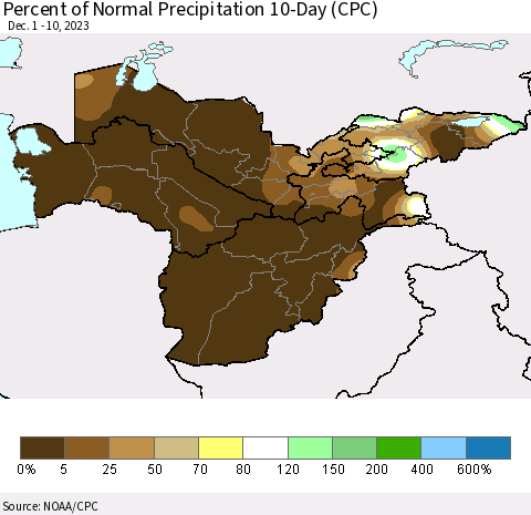 Central Asia Percent of Normal Precipitation 10-Day (CPC) Thematic Map For 12/1/2023 - 12/10/2023