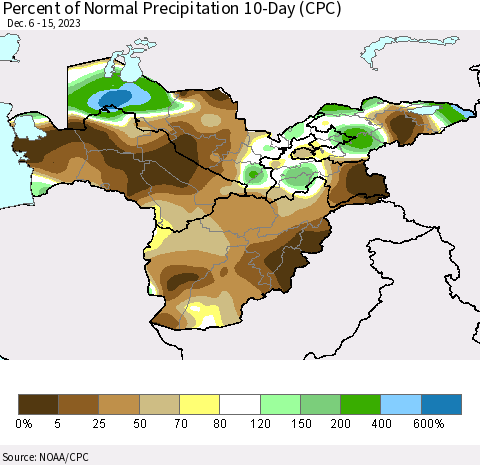 Central Asia Percent of Normal Precipitation 10-Day (CPC) Thematic Map For 12/6/2023 - 12/15/2023