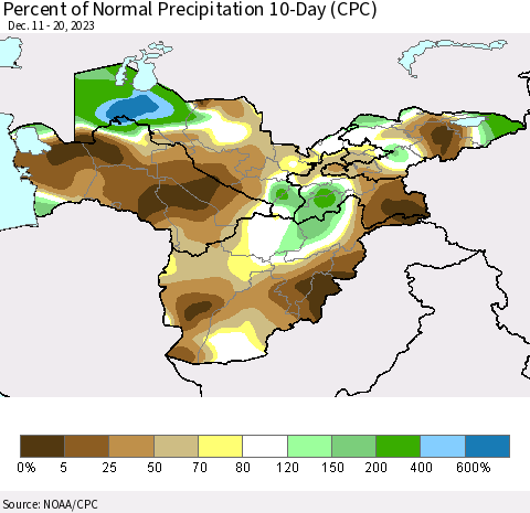 Central Asia Percent of Normal Precipitation 10-Day (CPC) Thematic Map For 12/11/2023 - 12/20/2023