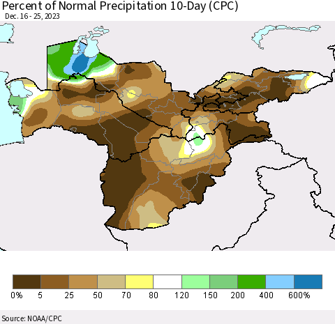 Central Asia Percent of Normal Precipitation 10-Day (CPC) Thematic Map For 12/16/2023 - 12/25/2023