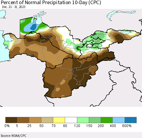 Central Asia Percent of Normal Precipitation 10-Day (CPC) Thematic Map For 12/21/2023 - 12/31/2023