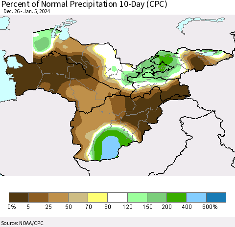 Central Asia Percent of Normal Precipitation 10-Day (CPC) Thematic Map For 12/26/2023 - 1/5/2024