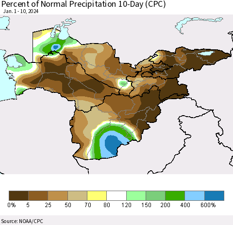 Central Asia Percent of Normal Precipitation 10-Day (CPC) Thematic Map For 1/1/2024 - 1/10/2024