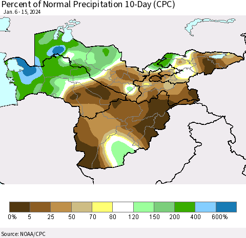 Central Asia Percent of Normal Precipitation 10-Day (CPC) Thematic Map For 1/6/2024 - 1/15/2024