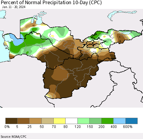 Central Asia Percent of Normal Precipitation 10-Day (CPC) Thematic Map For 1/11/2024 - 1/20/2024