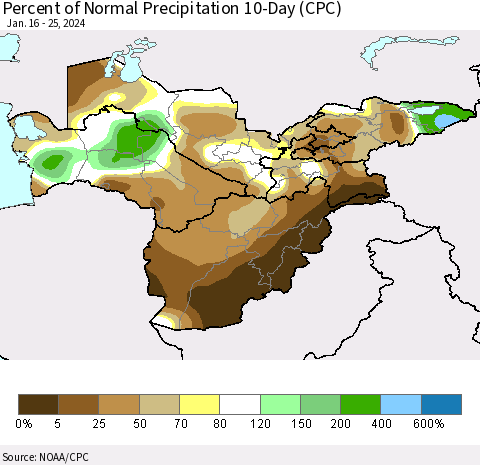 Central Asia Percent of Normal Precipitation 10-Day (CPC) Thematic Map For 1/16/2024 - 1/25/2024
