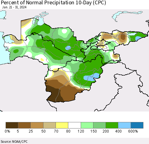 Central Asia Percent of Normal Precipitation 10-Day (CPC) Thematic Map For 1/21/2024 - 1/31/2024