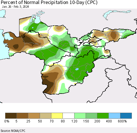 Central Asia Percent of Normal Precipitation 10-Day (CPC) Thematic Map For 1/26/2024 - 2/5/2024