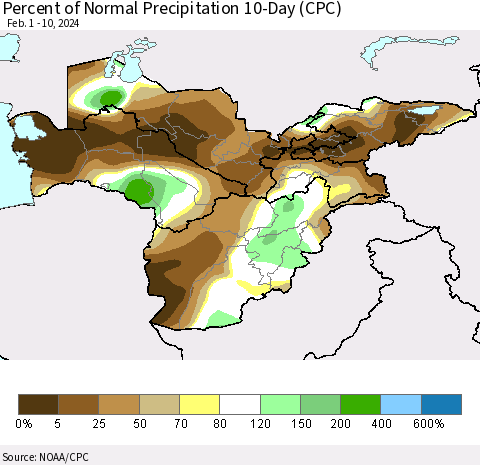Central Asia Percent of Normal Precipitation 10-Day (CPC) Thematic Map For 2/1/2024 - 2/10/2024