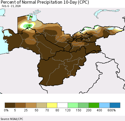 Central Asia Percent of Normal Precipitation 10-Day (CPC) Thematic Map For 2/6/2024 - 2/15/2024