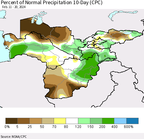Central Asia Percent of Normal Precipitation 10-Day (CPC) Thematic Map For 2/11/2024 - 2/20/2024