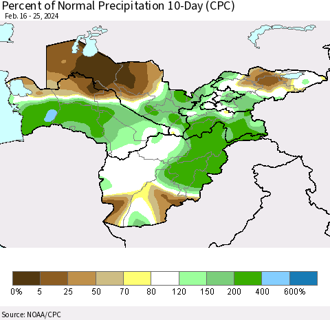 Central Asia Percent of Normal Precipitation 10-Day (CPC) Thematic Map For 2/16/2024 - 2/25/2024