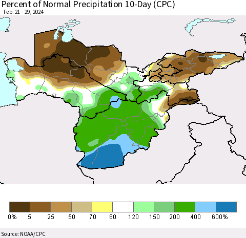 Central Asia Percent of Normal Precipitation 10-Day (CPC) Thematic Map For 2/21/2024 - 2/29/2024