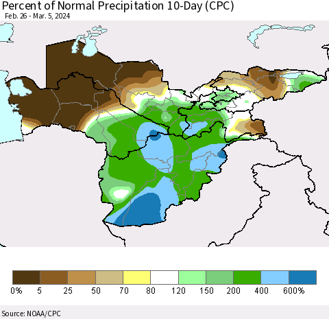 Central Asia Percent of Normal Precipitation 10-Day (CPC) Thematic Map For 2/26/2024 - 3/5/2024
