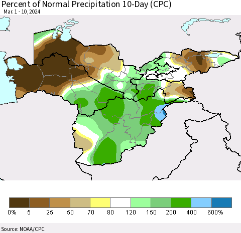 Central Asia Percent of Normal Precipitation 10-Day (CPC) Thematic Map For 3/1/2024 - 3/10/2024