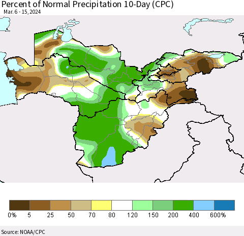Central Asia Percent of Normal Precipitation 10-Day (CPC) Thematic Map For 3/6/2024 - 3/15/2024