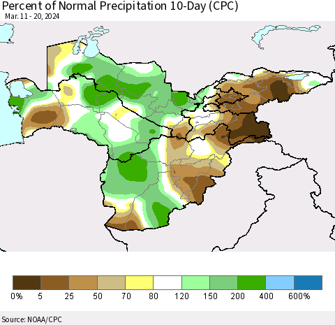 Central Asia Percent of Normal Precipitation 10-Day (CPC) Thematic Map For 3/11/2024 - 3/20/2024