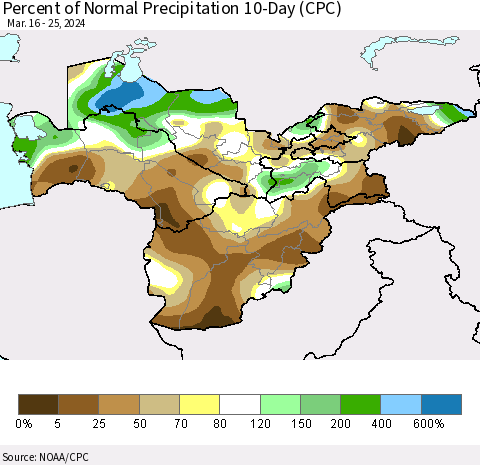 Central Asia Percent of Normal Precipitation 10-Day (CPC) Thematic Map For 3/16/2024 - 3/25/2024