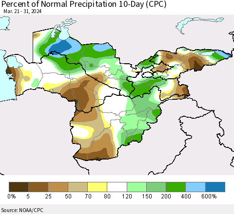 Central Asia Percent of Normal Precipitation 10-Day (CPC) Thematic Map For 3/21/2024 - 3/31/2024