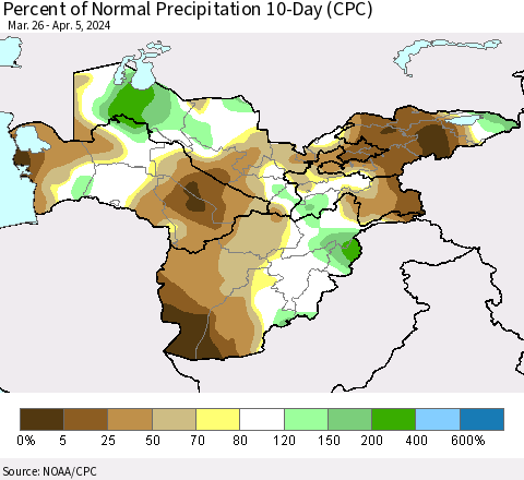 Central Asia Percent of Normal Precipitation 10-Day (CPC) Thematic Map For 3/26/2024 - 4/5/2024