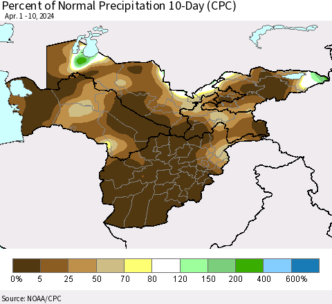 Central Asia Percent of Normal Precipitation 10-Day (CPC) Thematic Map For 4/1/2024 - 4/10/2024