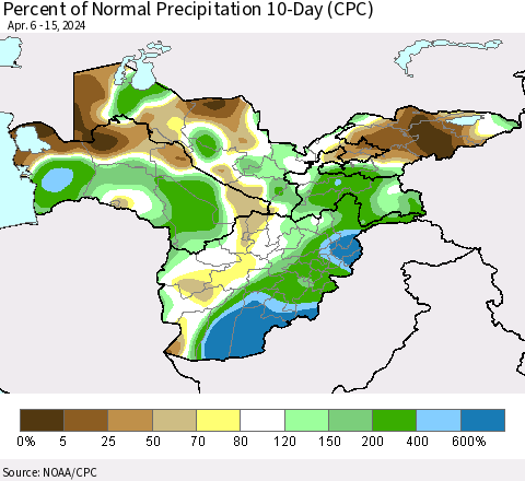 Central Asia Percent of Normal Precipitation 10-Day (CPC) Thematic Map For 4/6/2024 - 4/15/2024