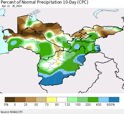 Central Asia Percent of Normal Precipitation 10-Day (CPC) Thematic Map For 4/11/2024 - 4/20/2024
