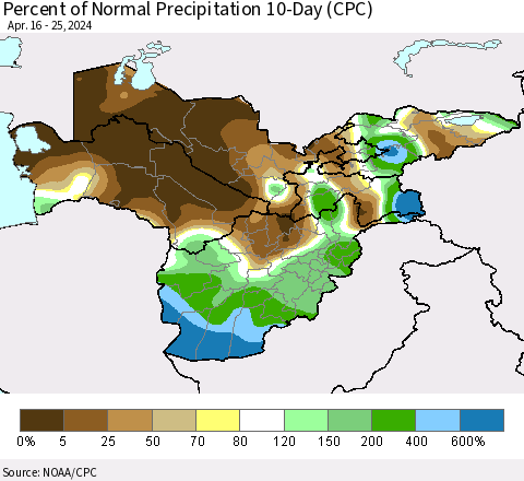 Central Asia Percent of Normal Precipitation 10-Day (CPC) Thematic Map For 4/16/2024 - 4/25/2024