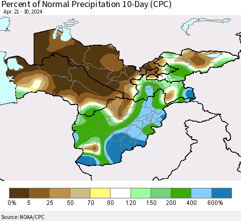 Central Asia Percent of Normal Precipitation 10-Day (CPC) Thematic Map For 4/21/2024 - 4/30/2024