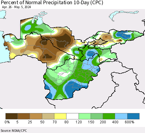Central Asia Percent of Normal Precipitation 10-Day (CPC) Thematic Map For 4/26/2024 - 5/5/2024