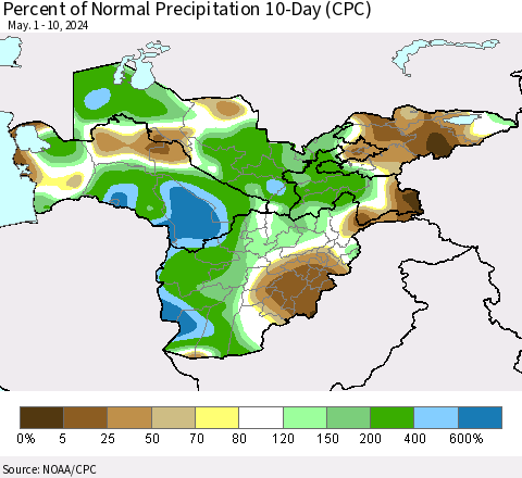 Central Asia Percent of Normal Precipitation 10-Day (CPC) Thematic Map For 5/1/2024 - 5/10/2024