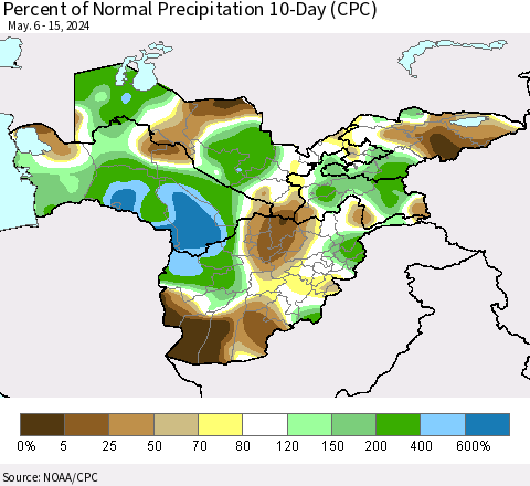 Central Asia Percent of Normal Precipitation 10-Day (CPC) Thematic Map For 5/6/2024 - 5/15/2024
