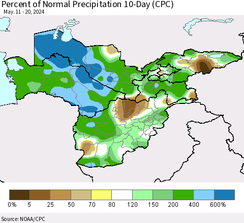 Central Asia Percent of Normal Precipitation 10-Day (CPC) Thematic Map For 5/11/2024 - 5/20/2024