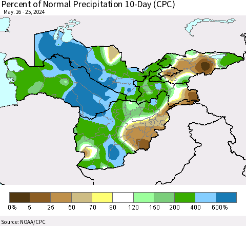 Central Asia Percent of Normal Precipitation 10-Day (CPC) Thematic Map For 5/16/2024 - 5/25/2024